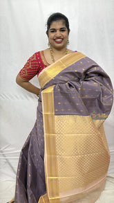 Vriksham Royal Violet With Gold Butta & Veldhaari Pastel Pink Zari Border Kanchi Silk Saree-VS4772